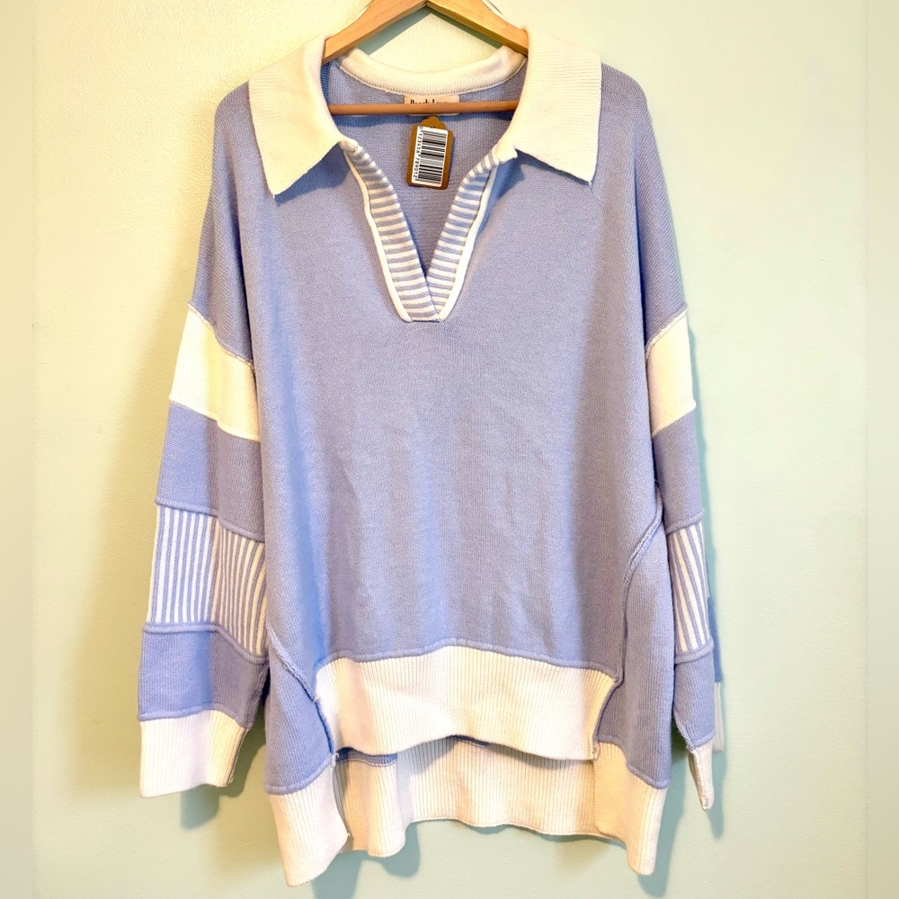 NWT Peach Love California Blue Collared Colorblock Sweater – Size L
